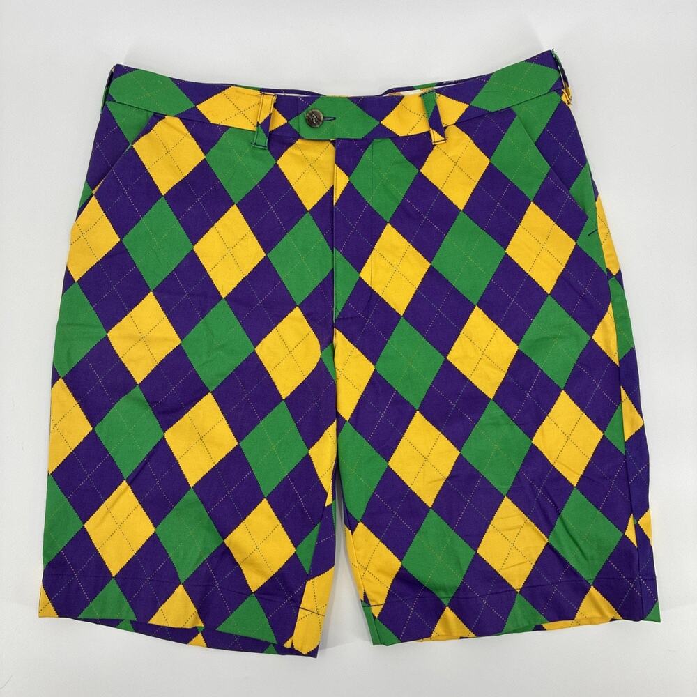 Loudmouth Shorts Mens 36 Yellow Green Purple Argyle Carnivale Golf Stretch